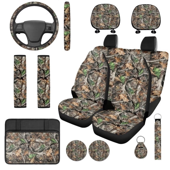 Uorisanigo Camo Hunting Tree Auto Accessories Set 14 Pcs with Cars Seat Covers and Seat Belt Pad Steering Wheel Cover Car Headrest Cover Armrest Cover and Keychain Soft Suitable for Car SUV