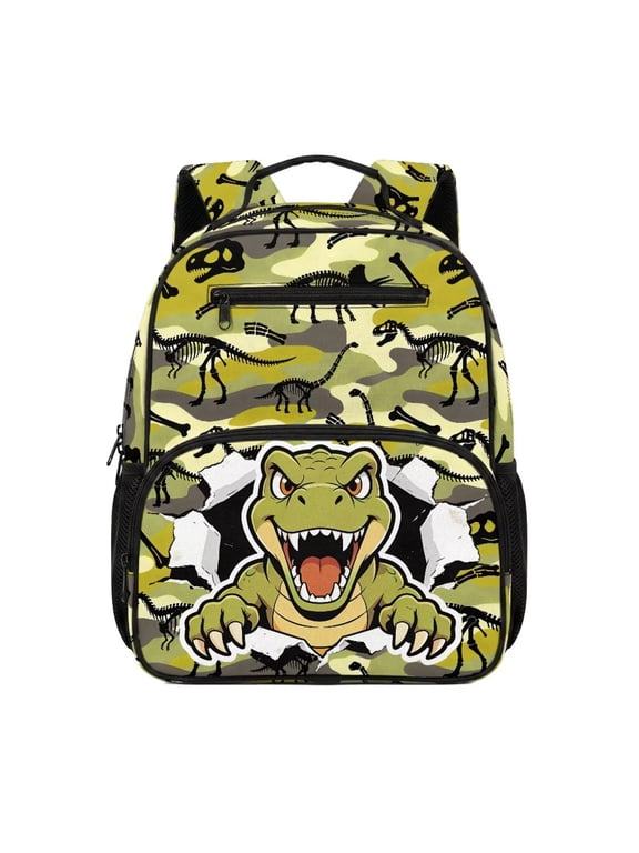 Camo T-Rex Kids School Backpack for Boys Lightweight Breathable Bookbag Elementary Daypack with Adjustable Shoulder for Travel