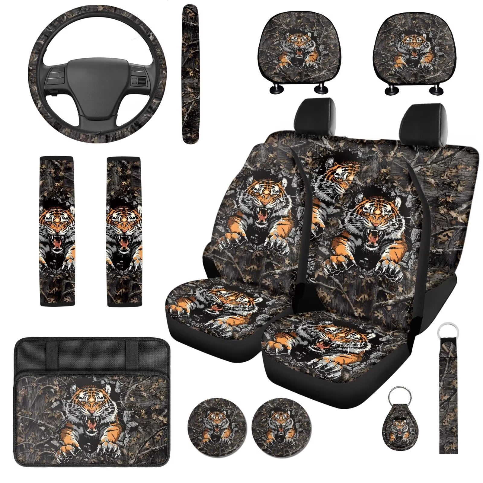 Uorisanigo Camo Tiger 14 Pcs Car Seat Covers Full Set with Auto Steering Wheel Cover Armrest Cushion Protector Seat Belt Covers Automotive Interior Sets Unverisal Fit Cars SUV Turcks