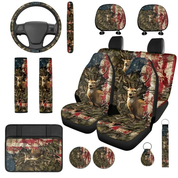 Uorisanigo Camouflage Flag Deer 14 Pieces Auto Seat Covers Full Set with Car Armrest Cover Cars Headrest Coverand Steering Wheel Cover Seat Belt Pads Keychain Elastic Anti-slip Fit for Car SUV
