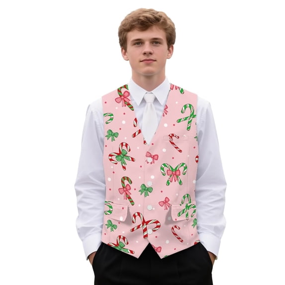 Uorisanigo Candy Cane Print Men's Vest Jacket Sleeveless Vest for Men Casual Size 2XL V Neck Regular Fit Waistcoat Suit Vests Fashion Fit for Casual Dress