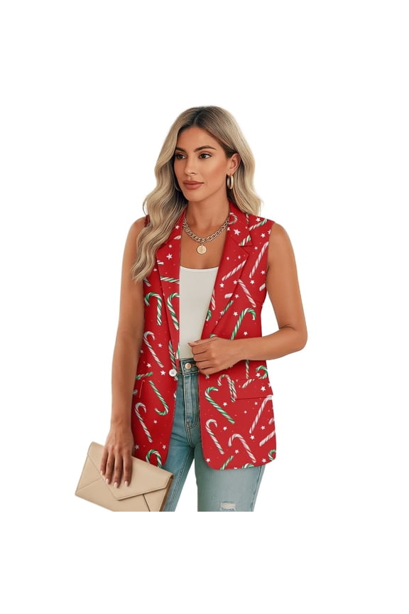 Candy Cane Print Women's Jacket Vest Open Front Women's Suit Vest with Pockets V Neck Blazers Suit Vests Top Dressy Size S