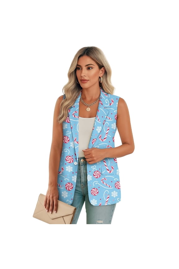 Candy Cane Print Women's Long Vest Jacket Open Front Sleeveless Womens Waistcoat Vest Size 2XL Loose V Neck Vests Blazer Elegant