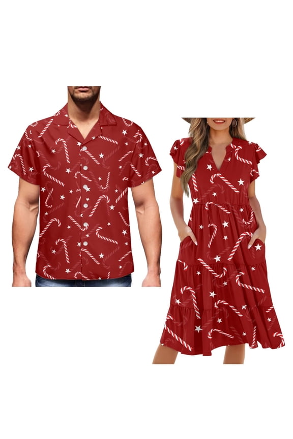 Candy Canes Matching Couple Outfits Christmas Button-Down Shirt for Men Casual Hawaiian Tops Workwear and Women's V-neck Dress Light Summer Beach Dresses Size M