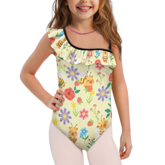 Uorisanigo Capybara Bee Floral Little Girls One Piece Swimsuits with Adjustable Strap Ruffle Shoulder Bathing Suit Swimwear for Kids Bathing Suit, Size 3-4