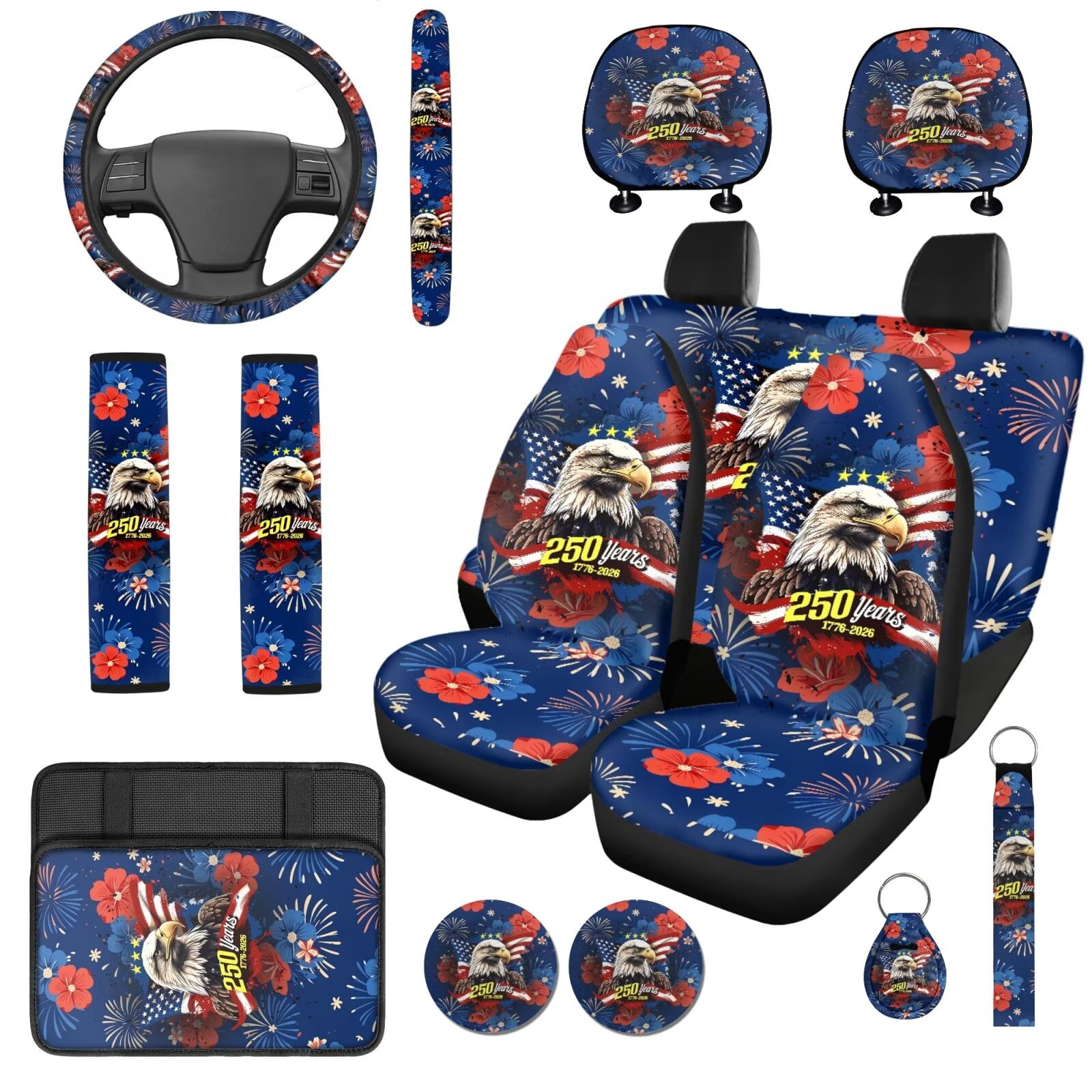 Uorisanigo Car Accessories Set of 14, Car Seat Covers 1776-2026 250th Anniversary Steering Wheel Cover Armrest Cushion Seat Belt Pads Head Rest Protector Coasters Keychains Universal Fit Most Cars