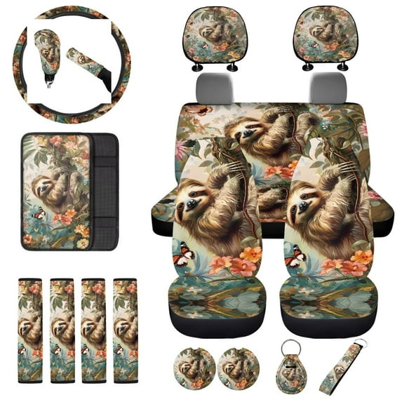 Uorisanigo Car Accessories Set Sloth Flower with Front and Back Seat Covers,Shift Knob Handbrake Covers,Seat Belt Pads,Steering Cover,Headrest,Middle Console Cover,Coasters,Key Chains,18pcs