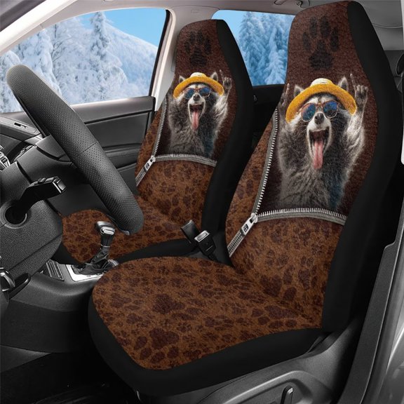 Uorisanigo Car Front Seat Covers Universal Fit Washable Funny Raccoon Print Automotive Seat Protection for Cars SUV Truck, 2Pcs/Set Auto Bucket Seats Covers