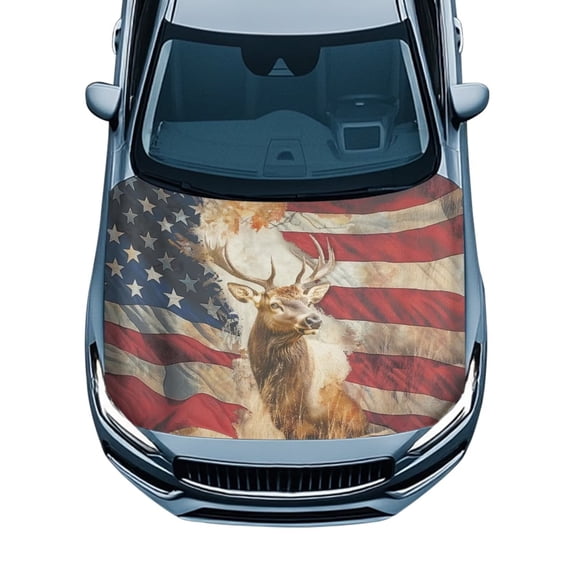 Uorisanigo Car Hood Cover, 59.05x39.37 in Car Bonnet Banner, Universal Fit for Most Cars, Stretchable American Flag Deer Automotive Hood Covers