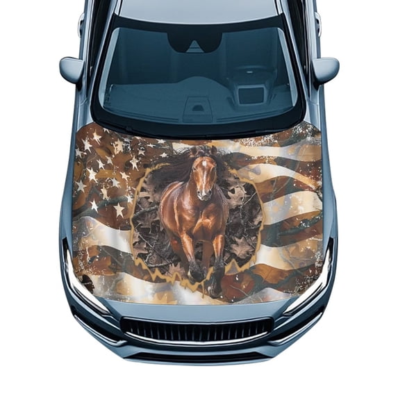 Uorisanigo Car Hood Cover All-Season Protection Camo Horse US Flag Car Hood Cover Protector for Cars Trucks SUV CUV Van Waterproof Tear-Resistant Removable