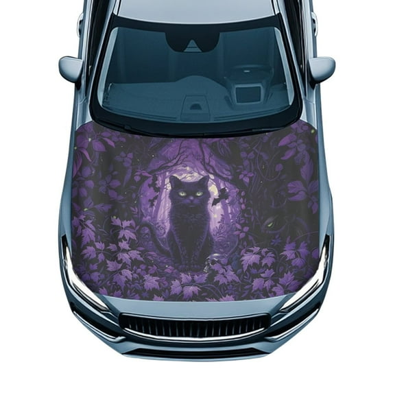 Uorisanigo Car Hood Cover, for Automobiles, Stretchable Polyester Halloween Purple Cat Hood Wrap Universal Auto Decorative Accessories for Sedans SUVs Trucks