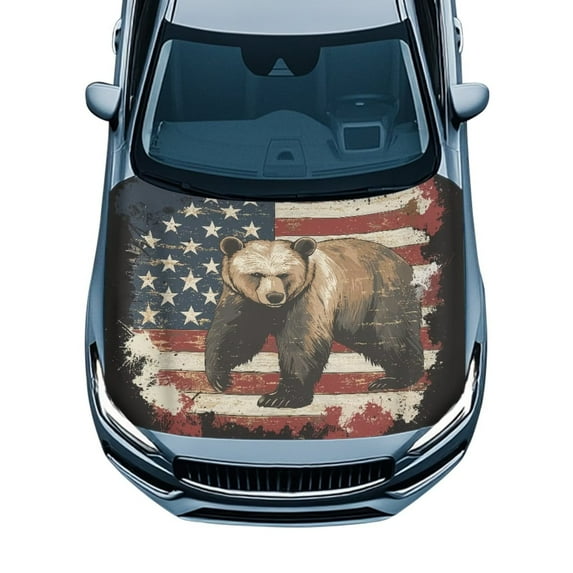 Uorisanigo Car Hood Cover Fashion Car Hood Cover Protectors Removable Stretch American Flag Bear Cars Hoods Wrap Blanket Automotive Accessories for Cars Outdoor Decoration