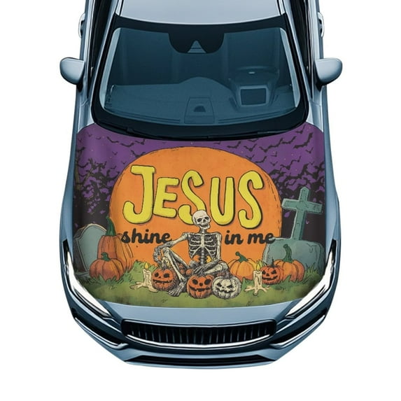 Uorisanigo Car Hood Cover Halloween Pumpkin Skull Print Car Hood Cover for Cars Decor Bonnet Wrap Blanket Durable Elastic Fabric for Most Sedan Small SUV Truck
