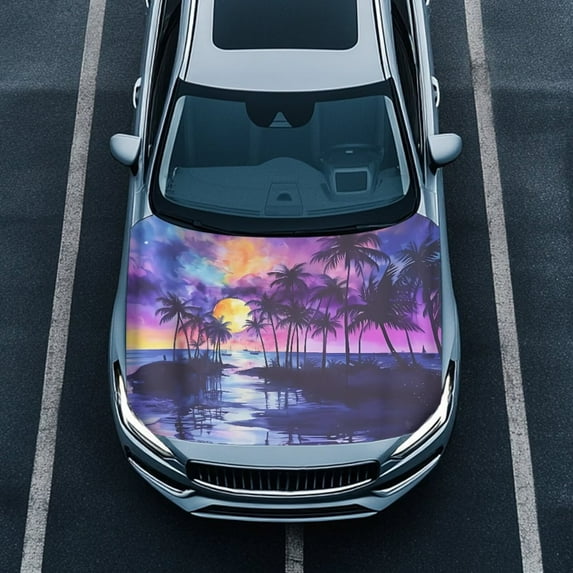 Uorisanigo Car Hood Cover, Palm Tree Sunset Car Bonnet Banner, Universal Fit, Elastic Polyester, Stretchable, Automotive Hood Covers Automotive Accessories Suitable for Cars