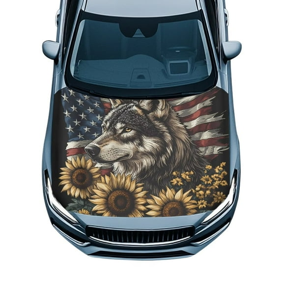 Uorisanigo Car Hood Cover Protective Hood Covers for Cars SUV Sedan Elastic Wolf American Flag Hoods Wrap Cloth Front Hoods Protection Cover Easy to Install Car Exterior Accessories