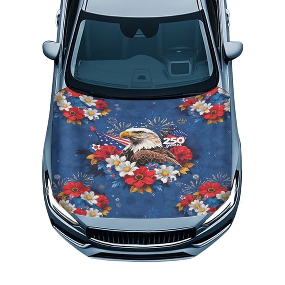 Uorisanigo Car Hood Cover Protector, 250th Anniversary Patriotic Bald Eagle Auto Hood Wrap, Patriotic US Flag Floral Design Car Decor Universal Fit for Sedan, SUV, Truck