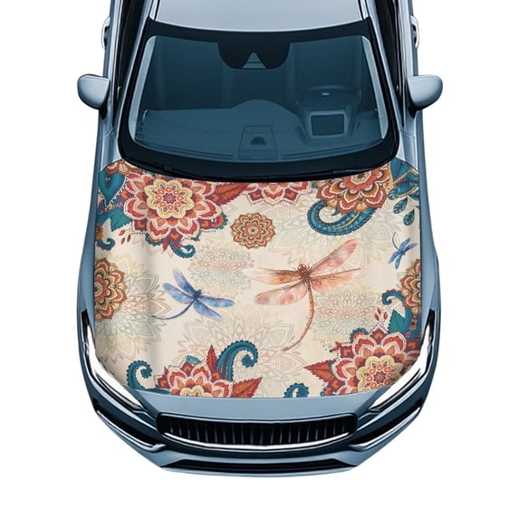Uorisanigo Car Hood Cover Protector Elastic Polyester Mandala Dragonfly Car Hood Cover Wrap Universal Fit for Pickup Sedan Vehicle Waterproof All-Season Protection