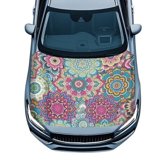 Uorisanigo Car Hood Cover Protector Stretch Polyester Fabric Cover Mandala Floral Print Hood Wrap Blanket Women Men Easy to Install Automotive Accessories Decoration