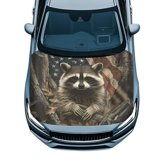 Uorisanigo Car Hood Cover, Raccoon American Flag Car Hood Protective Auto Hoods for Cars Decor, Durable Elastic Fabric Fits Most Cars, Pickups, SUV's Hoods