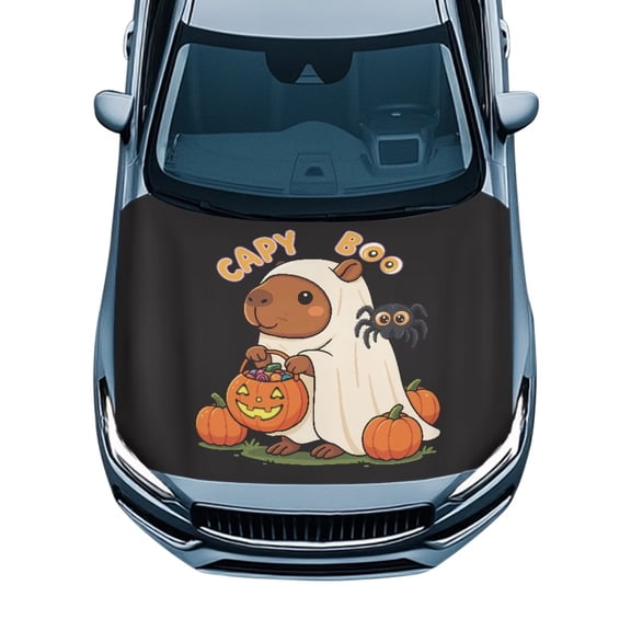 Uorisanigo Car Hood Cover, Stretch Capy Boo Print Hood Covers for Cars, for Most Sedans Small SUV Truck, Sun Rain Snow Ice Protective Hoods Wrap Blanket, Auto Accessories Decoration