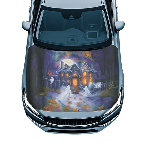 Uorisanigo Car Hood Cover Stretch Polyester Car Hood Wrap Blankets for SUV Pickup Trucks, Universal Fits All Seasons Protection, Easy Installation, Halloween Castle Print