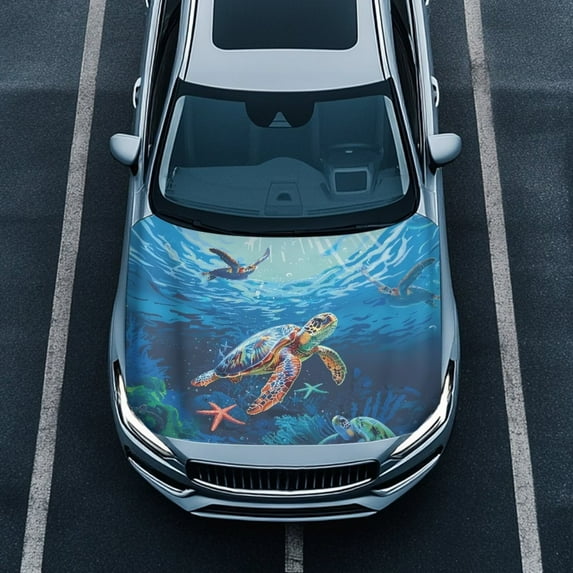 Uorisanigo Car Hood Cover Stretchable Polyester Hood Wrap Blanket Fashion Marine Turtle Car Bonnet Banner Automotive Accessories Suitable for Cars Vehicles Decorate