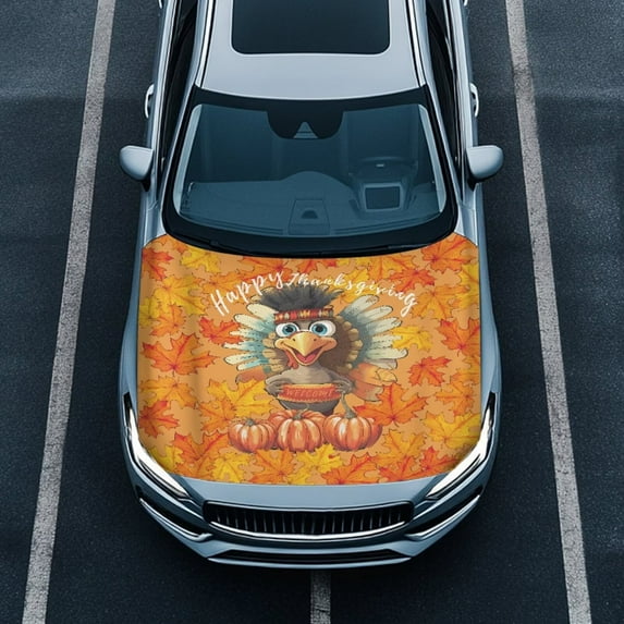 Uorisanigo Car Hood Cover Tear-Resistant Maple Leaf Turkey Print Hood Covers for Car Decorations Universal Automotive Exterior Accessories Fit for Most Sedans SUV Trucks
