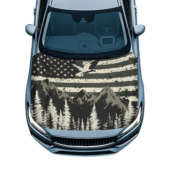 Uorisanigo Car Hood Cover Waterproof Car Bonnet Banner Washable Elastic Weatherproof Fabric, Non-Adhesive Hood Wrap Fits Most Cars, Mountain Eagle USA Flag