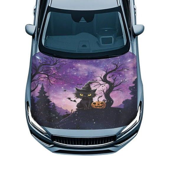 Uorisanigo Car Hood Cover Weatherproof Pumpkin Black Cat Hood Cover Suitable for Most Automotive Sedans Trucks Pickup Sports Cars, Elastic Polyester