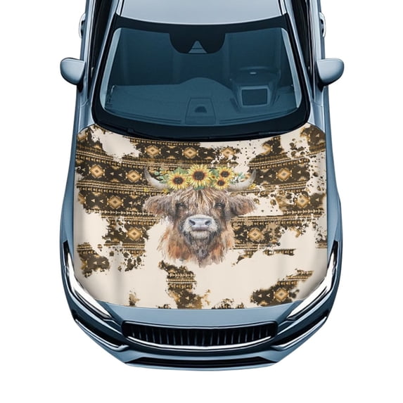 Uorisanigo Car Hood Cover Windproof Polyester Vintage Aztec Highland Cow Hood Wrap Blanket Elastic Hoods Cover for Cars Hoods Decoration and Protection Covers