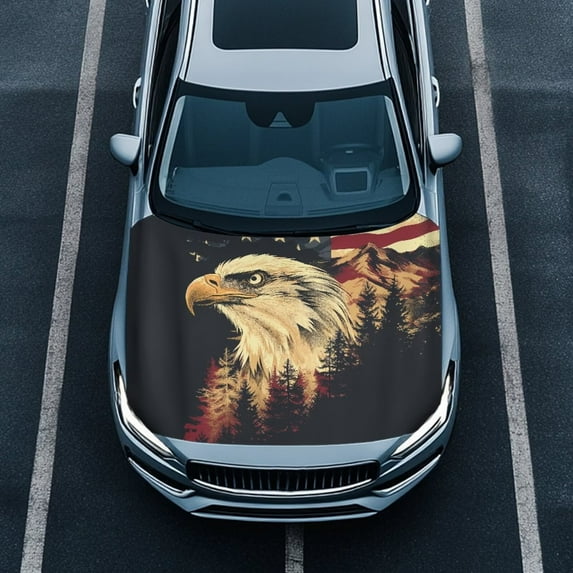 Uorisanigo Car Hood Covers for Automobiles, Stretchable Bald Eagle American Flag Auto Hood Cover Suitable for Most Vehicles Pickup Sedans Trucks SUVs, Car Bonnet Banner