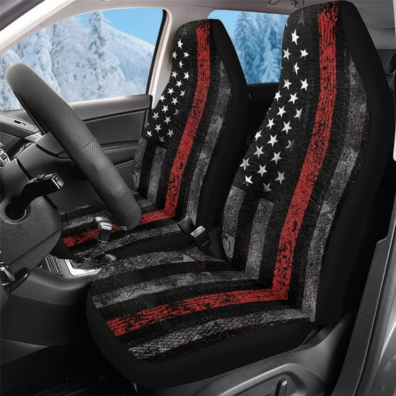 Uorisanigo Car Seat Cover, 2-Piece Front Seat Covers Coral Velvet Fabric, Universal Seats Cushions, Soft Automotive Seats Covers for Trucks SUV - American Honoring Firefighter Flag