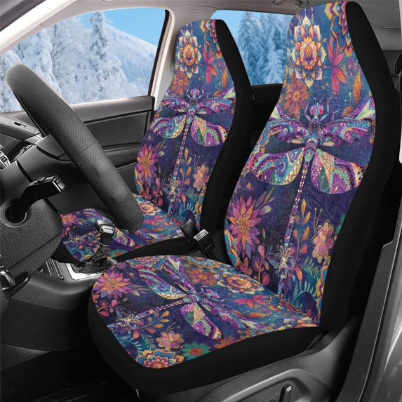 Uorisanigo Car Seat Cover, 2pcs High Back Vehicle Front Seat Cover, Stretchy Ethnic Floral Dragonfly Driver Seats Covers Protection Breathable Car Interior Decor for SUV Van Truck