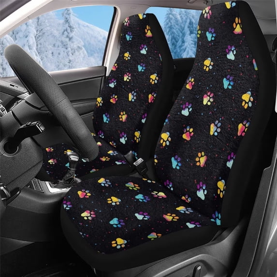 Uorisanigo Car Seat Cover for Cars SUV Trucks Universal Fit, Fluffy Colorful Dog Paw Print Front Auto Cushion Cover, 2-Pack Auto Seat Covers Front Seats Only, Accessories