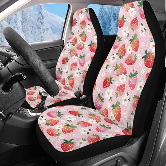 Uorisanigo Car Seat Cover Fluffy Fur Seat Covers 2-Pack Soft Strawberry Print Seats Cushions Universal Fits Most Cars SUVs, Coral Velvet Cloth Auto Interior Accessories