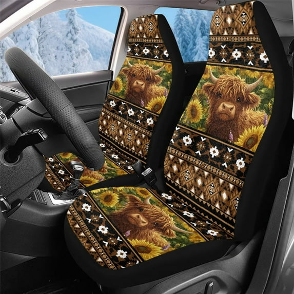 Uorisanigo Car Seat Cover, High Back Vehicle Front Seat Cover Set of 2, Soft Plush Baby Highland Cow Aztec Seats Covers Breathable Car Interior Decor for Most Cars, Trucks, SUVs, Vans