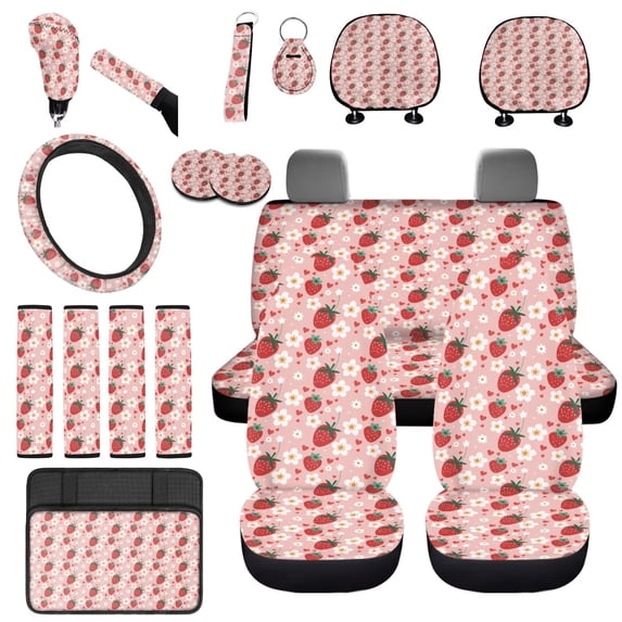 Uorisanigo Car Seat Cover Pink Strawberry Full Set 18 PCS Includes Steering Wheel Wrap Seatbelt Shoulder Pad Gear Shift & Handbrake Covers Arm Rest Cover Car Coasters Keychain Fit Most Cars