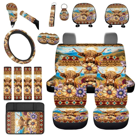 Uorisanigo Car Seat Cover Seat Protector 18 PCS, with Steering Wheel Cover Seatbelt Pad Center Console Covers Headrest Cushion Handbrake Covers Coasters Keychain,Highland Cow Flower Aztec
