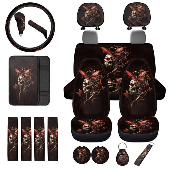 Uorisanigo Car Seat Cover Set 18 Pcs Red Skull Butterfly with Steering Wheel Seat Belt Shoulder Pad Center Console Cover Headrest Cup Coasters Handbrake Gear Shift Covers Key Chains for Cars