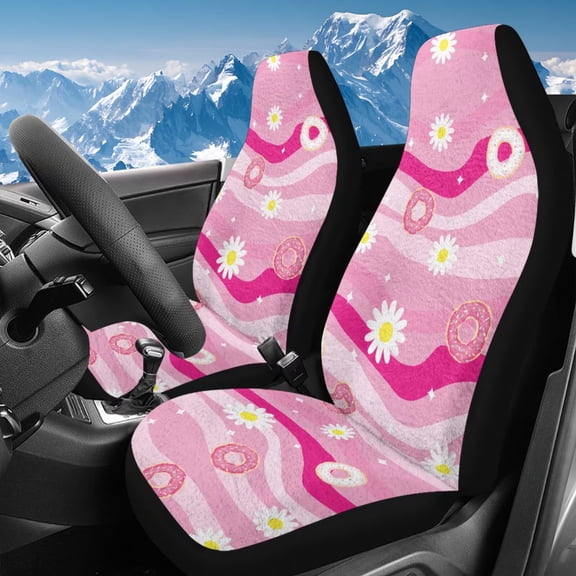 Uorisanigo Car Seat Cover Set of 2, Breathable Flurry Pink Striped Daisy High Back Bucket Car Seat Cover for Front Seats, Bucket Seats Cushion for Women Men, Cars Interior Set