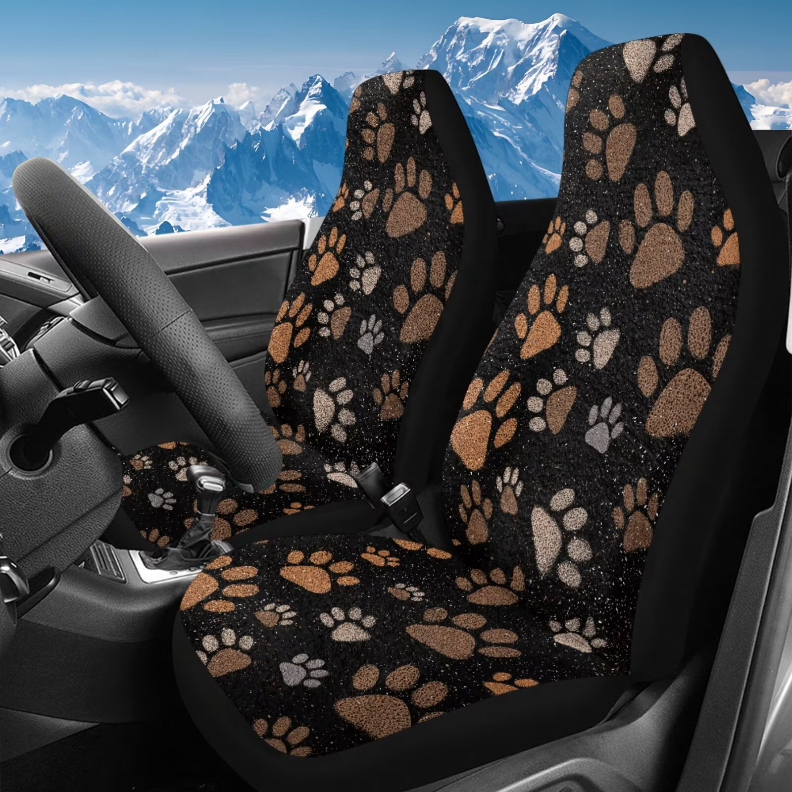 Uorisanigo Car Seat Cover Set of 2, Flurry High Back Front Seat Covers for Women Men, Brown Dog Paw Bucket Seats Cushion Universal Fit for SUVs/Vans/Trucks, Car Interior Set
