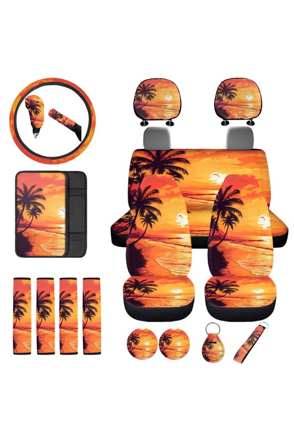 Car Seat Cover Set Pack of 18 Sunset Palm Tree Hawaii Includes Cup Coasters Keychain Handbrake Shift Knob Cover Headrest Center Console Pad Steering Wheel Covers Seat Belt Strap Pads