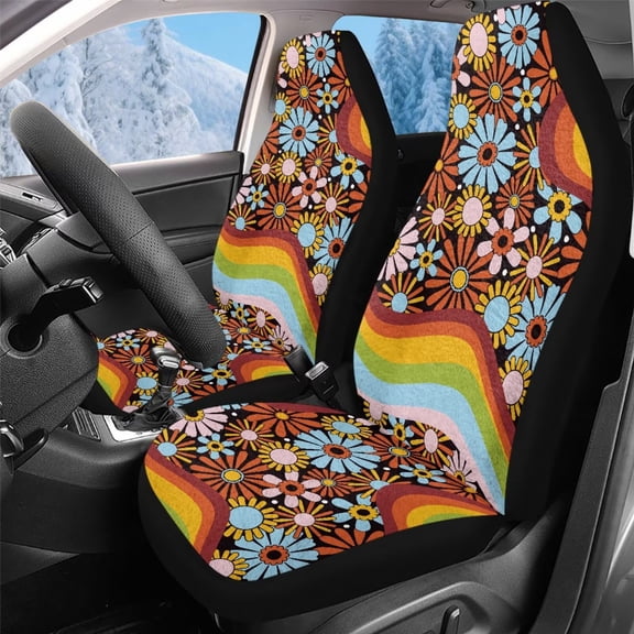 Uorisanigo Car Seat Cover Sets 2 Pcs Auto Front Seat Protectors Soft and Comfortable Car Interior Accessories Auto Trucks Van SUV, Vintage 60s 70s Flower Power Hippie