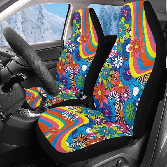 Uorisanigo Car Seat Cover Sets - Non-Slip Hippie Flower Print Auto Front Seat Protectors Universally Used for Cars, SUV Trucks - 2PCS Car Driver Seats Covers Accessories