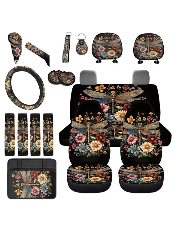 Car Seat Cover Split Covers for Women Men, Highland Cow Flower Seat Belt Strap Pad Car Wheel Cover Protector Armrest Pads Gear Shift & Handbrake Covers Coasters Key Chain,18 PCS