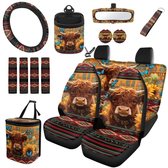 Uorisanigo Car Seat Covers 15 Pack, with Steering Wheel Cover Safety Seat Belt Pads Vehicle Trash Can Car Coaster Air Vent Pouch Rearview Cover Key Chains Universal Fit,Highland Cow Tribal Aztec