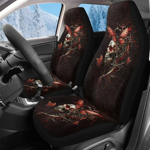Uorisanigo Car Seat Covers 2 Front Set, Coral Velvet Fabric, Universal Red Butterfly Skull Front Seat Covers, Non-Slip Automotive Seats Cover for Sedans SUVs Pick-up Trucks