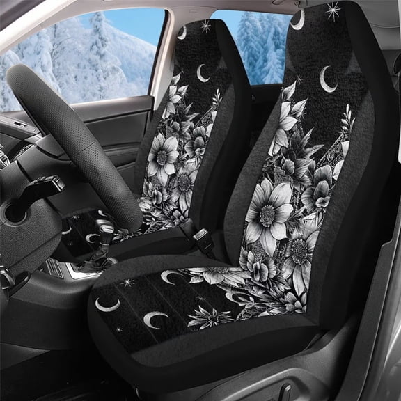 Uorisanigo Car Seat Covers 2 Front Set, Premium Soft Plush Black Ethnic Flower Aoto Seat Covers for Sedans SUVs Pick-up Trucks, Car Interior Accessories, Universal Fit & Breathable