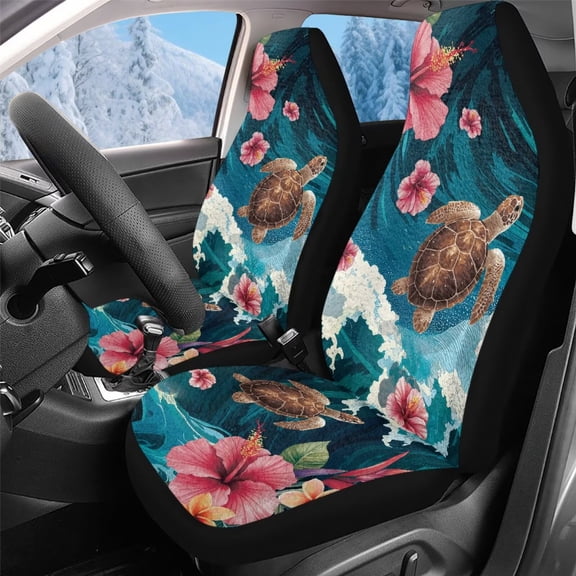 Uorisanigo Car Seat Covers 2 PCS Plush Front Seat Covers Tropical Floral Turtle Automotive Vehicle Seats Cover for Cars Interior, Universal Fit for Cars, Sedans, Trucks, SUVs