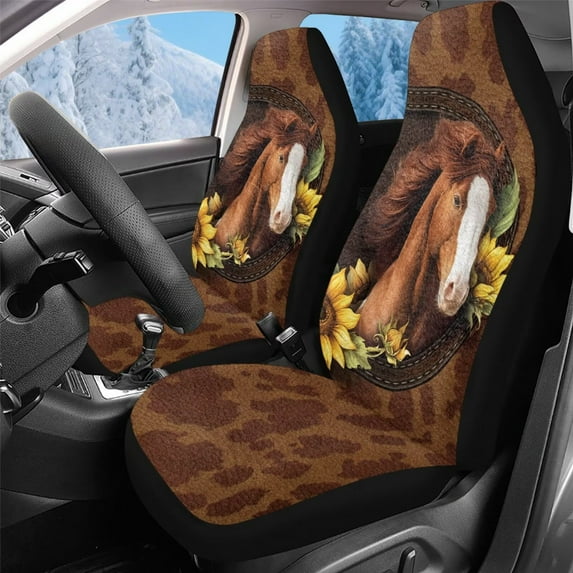 Uorisanigo Car Seat Covers, 2 Pack Bucket Front Seat Cover Set, Easy Installation, Sunflower Horse Cow Print Car Interior Accessories, Universal Fits Most Cars Truck Van and SUV